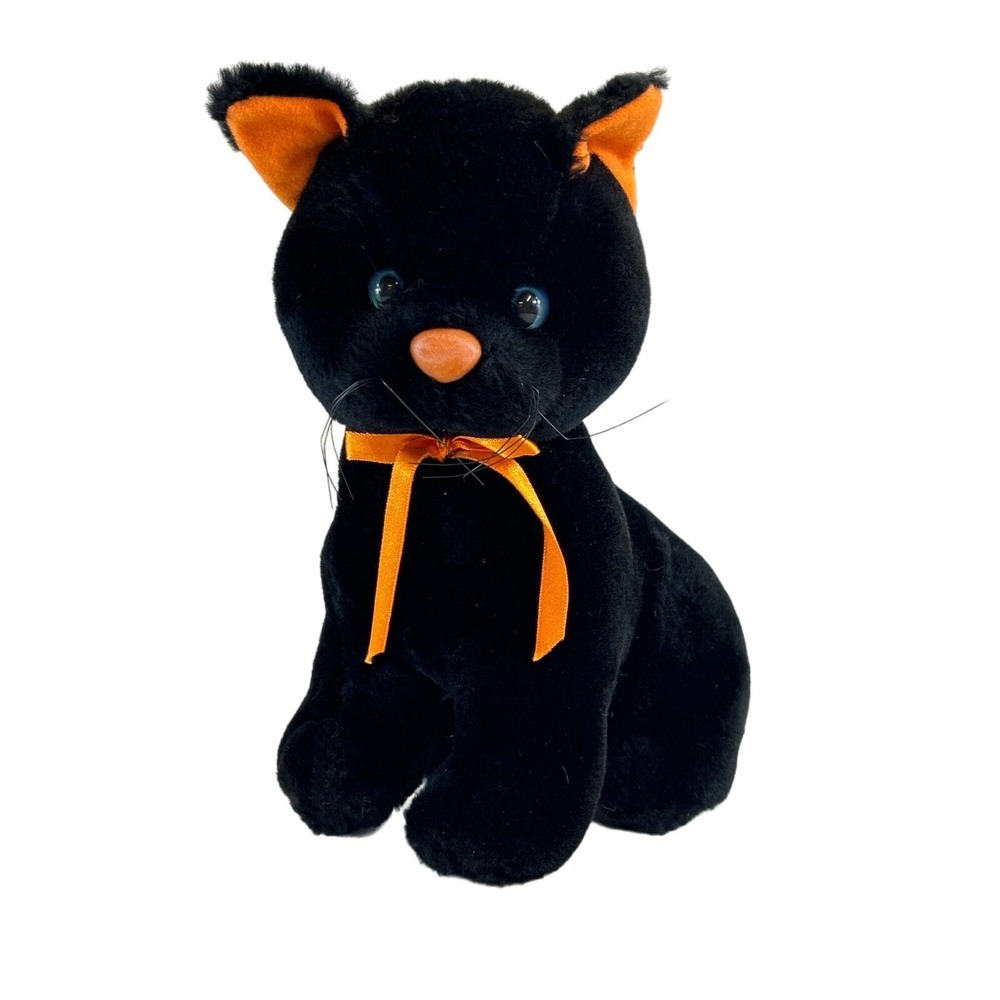 Good Stuff Halloween Black Cat 10" Plush‎ Orange Nose Ears Bow Blue Eyes